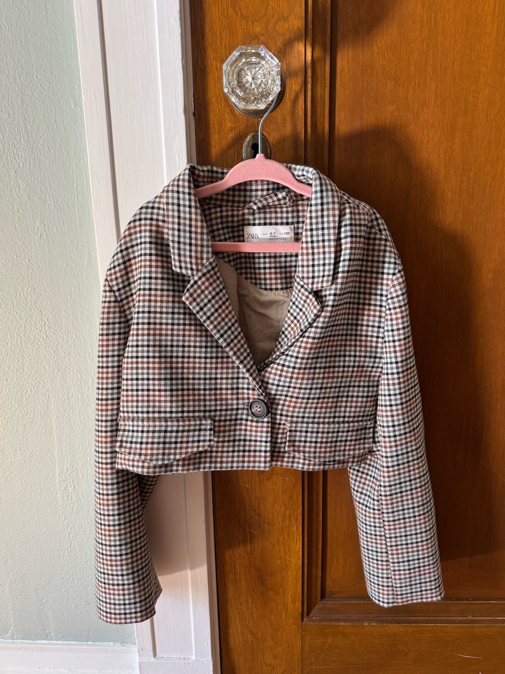 ZARA Brown Plaid Cropped fall brown windowpane Blazer size 6-7 Autumn